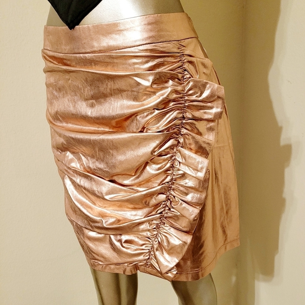 NWT ROSE GOLD METALLIC SIDE RUFFLE RUCHED MINI SKIRT - Picture 8 of 13